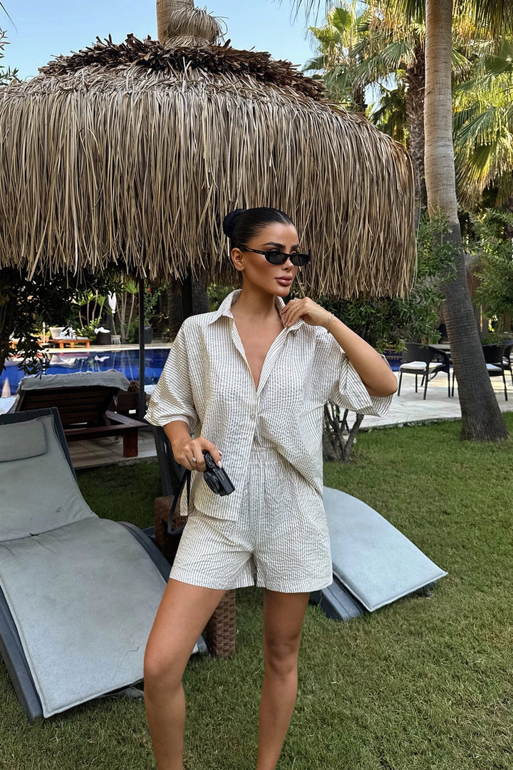 EYY Women Beige Striped Shorts Set - Newark