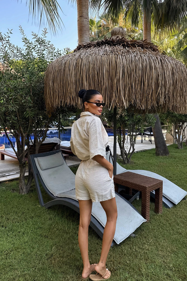 EYY Women Beige Striped Shorts Set - Newark