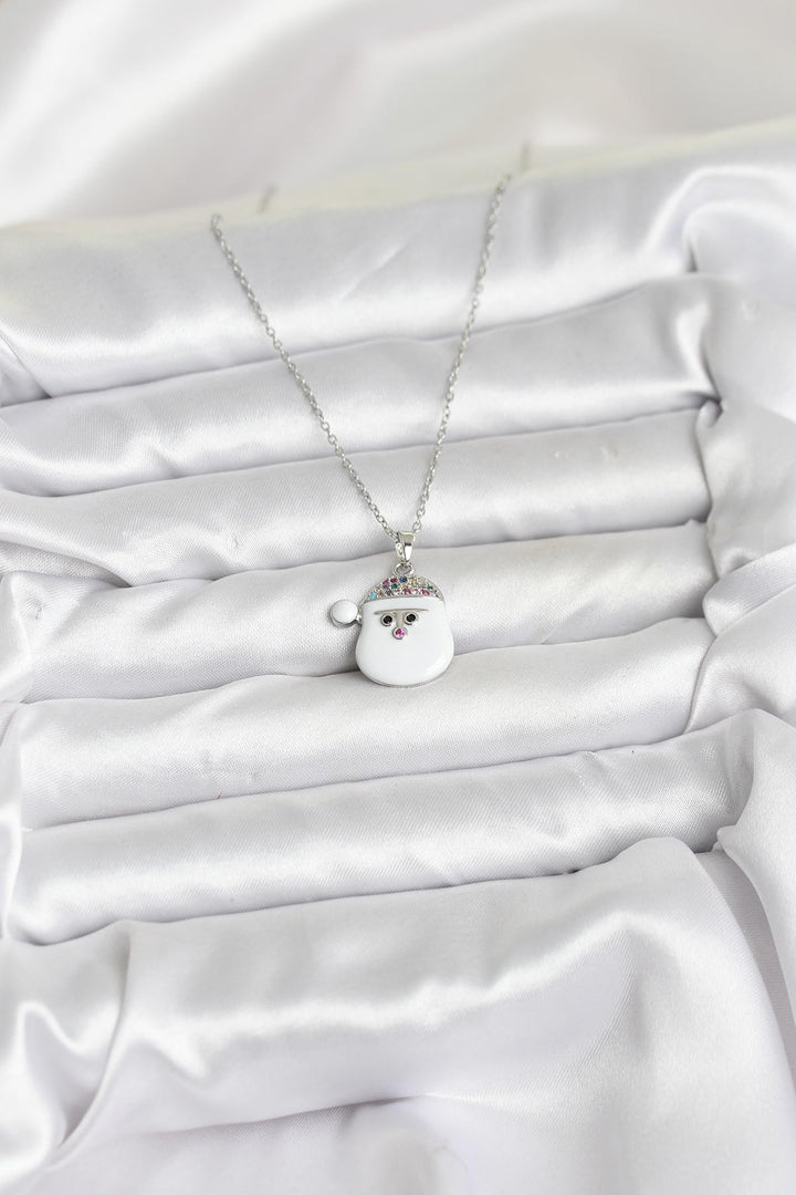 EBJ 316L Çelik Zincir Gümüş Renk Şapkalı Kardan Adam Kafası Model Yılbaşı Temalı Kadın Kolye - Potomac