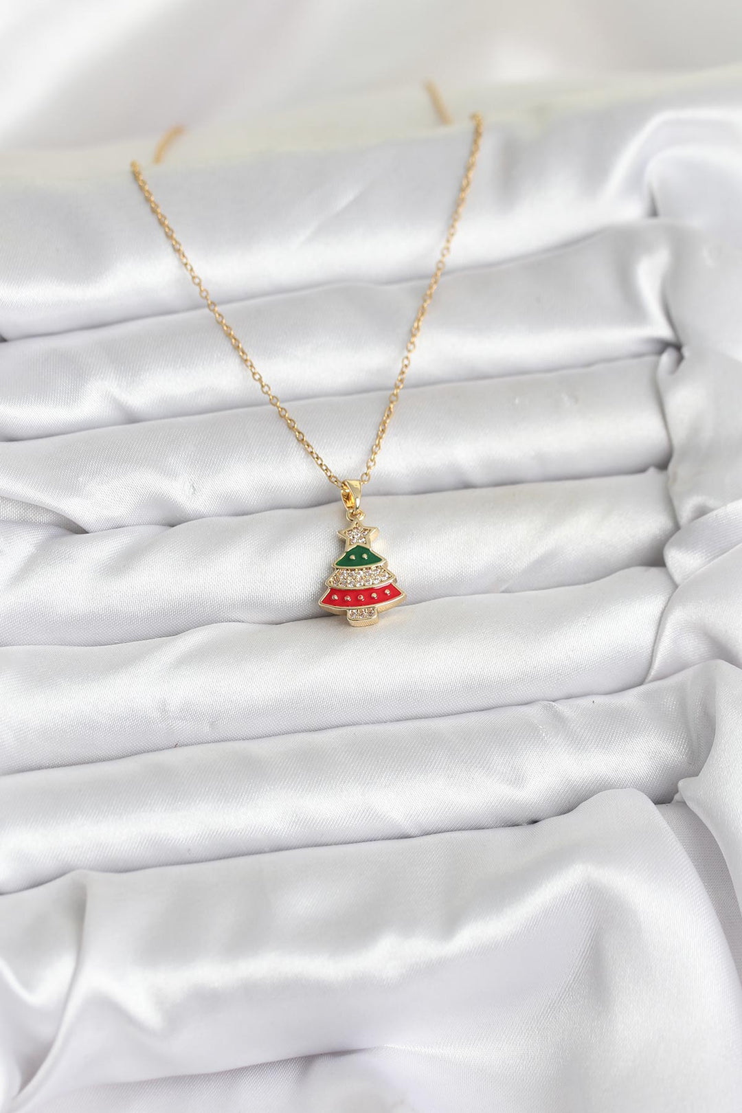 EBJ 316L Steel Chain Gold Color Pine Tree Design Necklace with Zircon Stone New Year Themed Women's Necklace - Cedar City