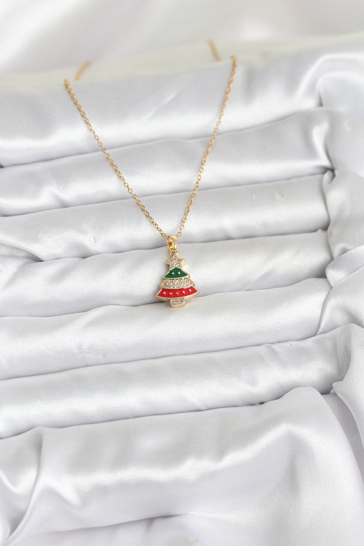 EBJ 316L Steel Chain Gold Color Pine Tree Design Necklace with Zircon Stone New Year Themed Women's Necklace - Cedar City