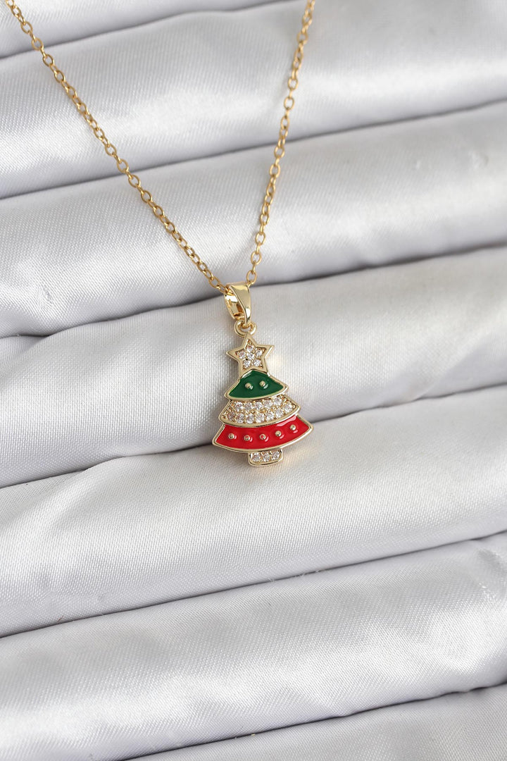 EBJ 316L Steel Chain Gold Color Pine Tree Design Necklace with Zircon Stone New Year Themed Women's Necklace - Cedar City
