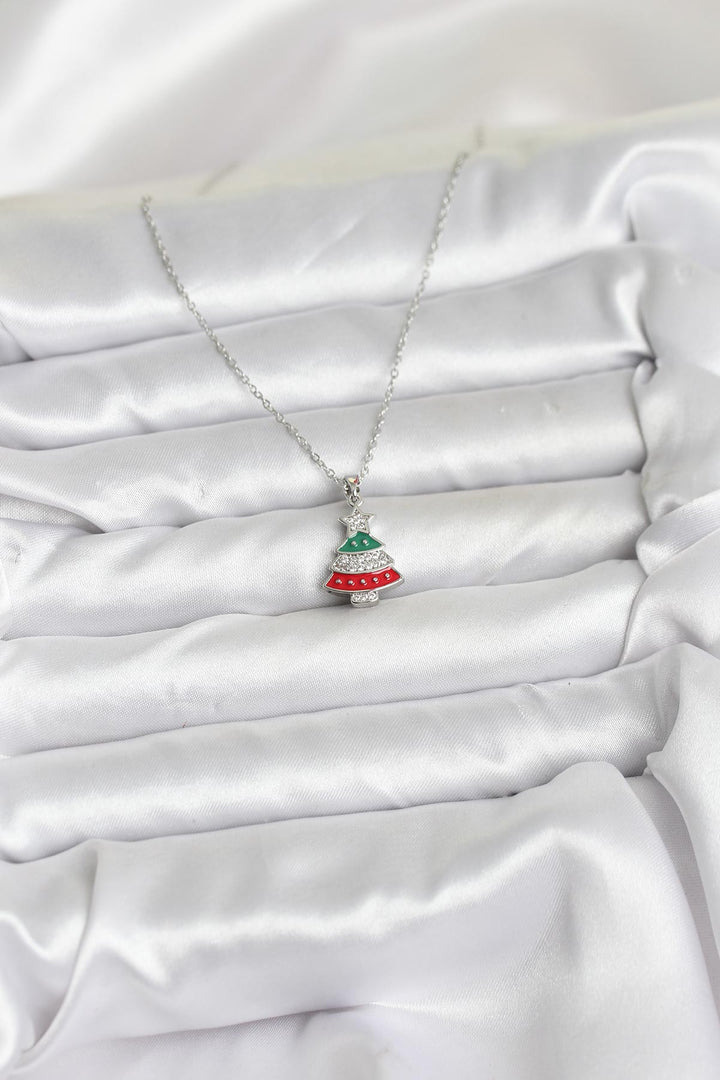 EBJ 316L Çelik Zincir Gümüş Ren Çam Ağacı Model Zirkon Taşlı Yılbaşı Temalı Kadın Kolye - Nola