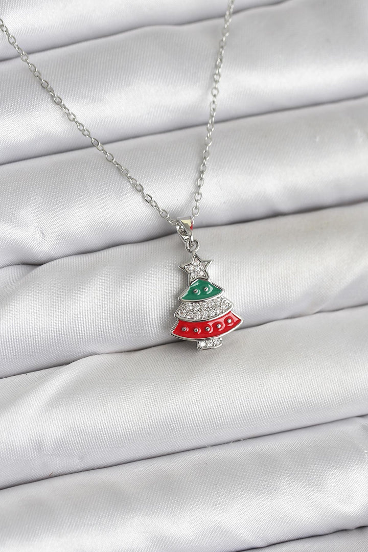 EBJ 316L Çelik Zincir Gümüş Ren Çam Ağacı Model Zirkon Taşlı Yılbaşı Temalı Kadın Kolye - Nola