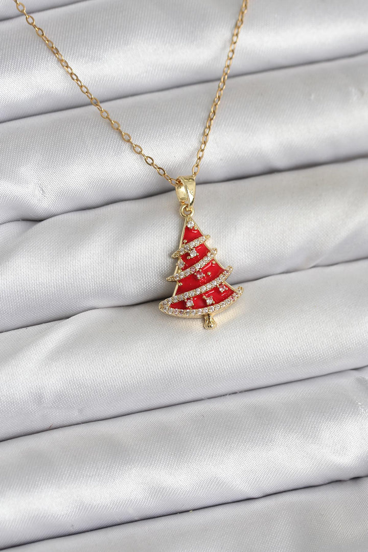 EBJ 316L Steel Chain Gold Color Red Pine Tree Model Christmas Themed Women's Necklace - Southport