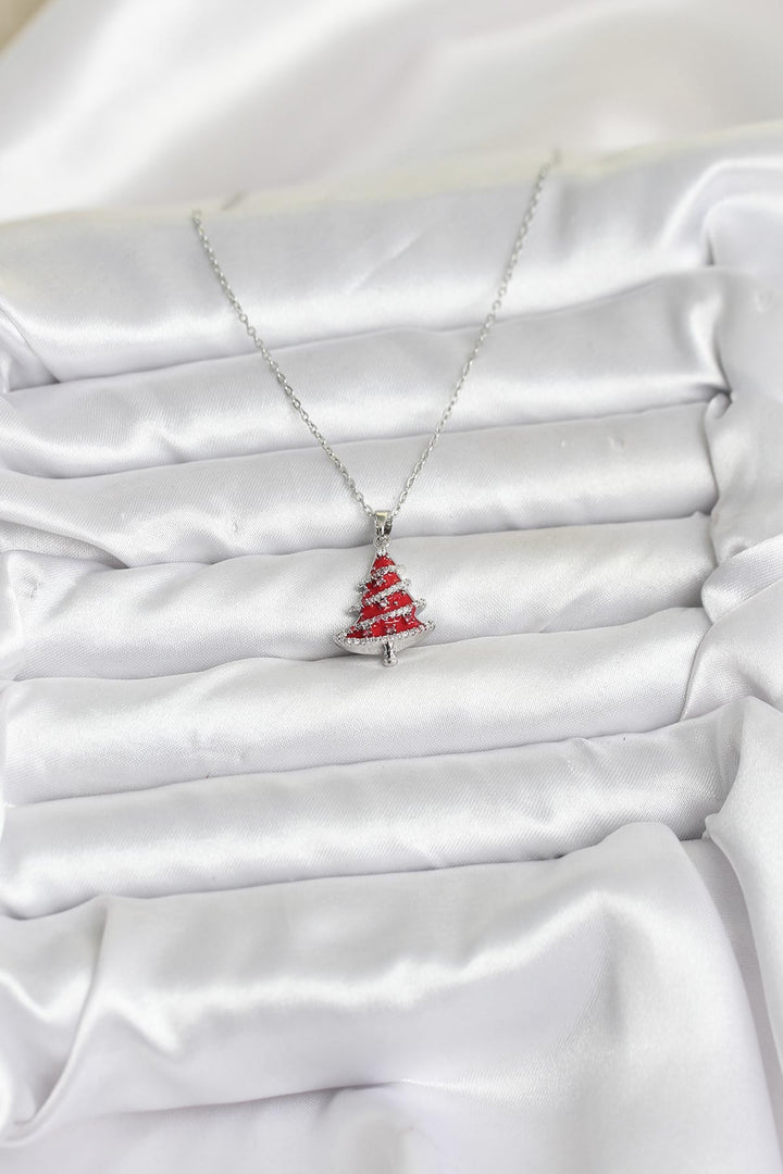 EBJ 316L Çelik Zincir Gümüş Renk Kırmızı Çam Ağacı Model Yılbaşı Temalı Kadın Kolye - Tipton