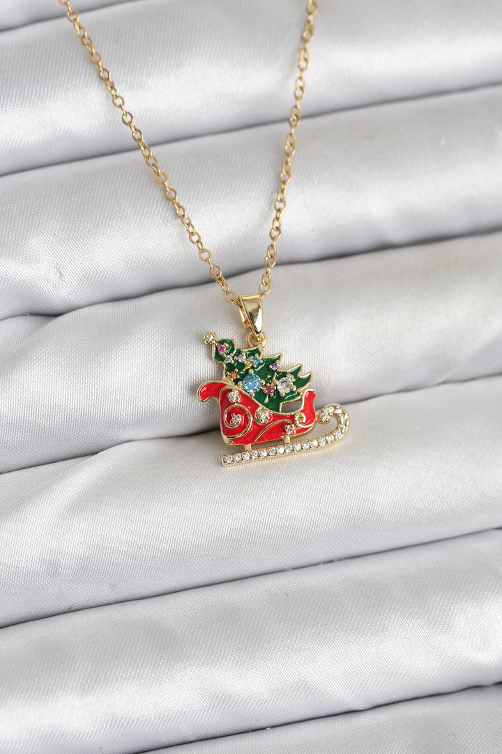 EBJ 316L Çelik Zincir Gold Renk Kızak ve Çam Ağacı Figürlü Yılbaşı Temalı Kadın Kolye - Apeldoorn