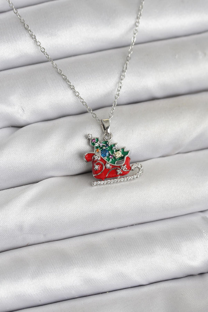 EBJ 316L Çelik Zincir Gümüş Renk Kızak ve Çam Ağacı Figürlü Yılbaşı Temalı Kadın Kolye - Laindon