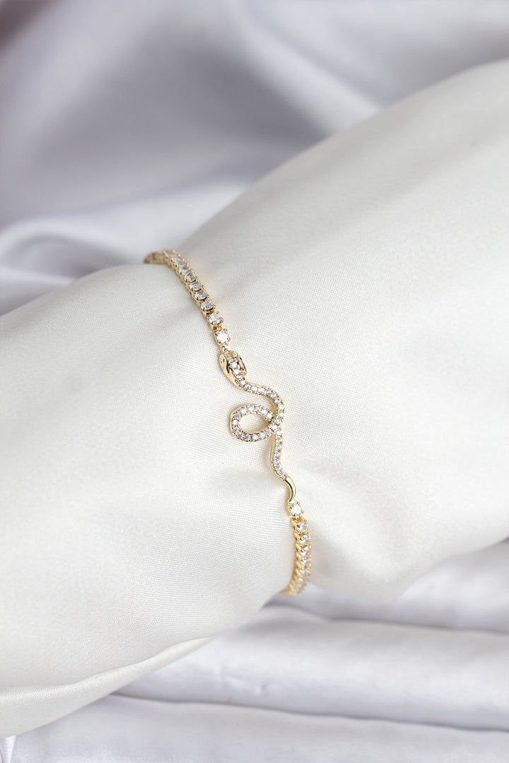 EBJ Yılan Model Zirkon Taşlı Gold Renk Pirinç Su Yolu Kadın Bileklik - Derry