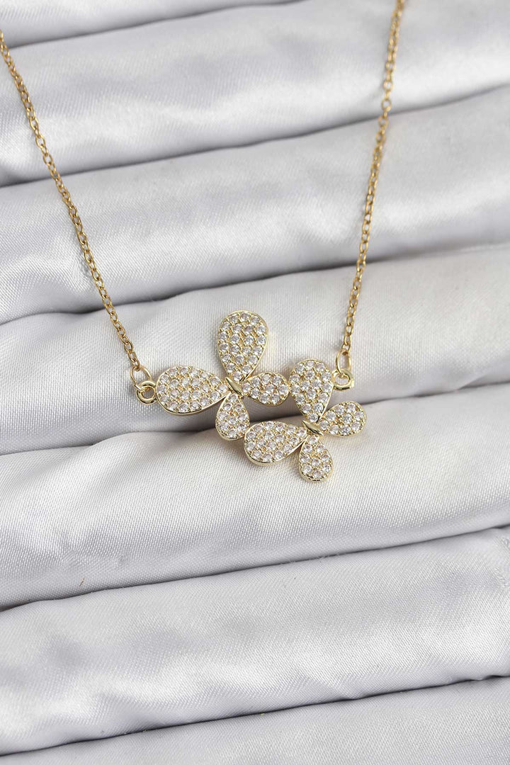 EBJ 316L Çelik Zincir Gold Renk Zirkon Taşlı Kelebek Model Kadın Kolye - Chicopee