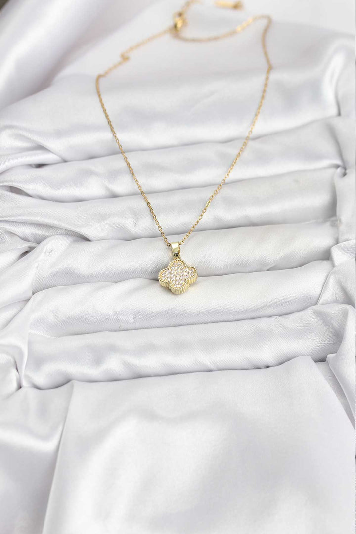 EBJ 316L Çelik Zincir Gold Renk Zirkon Taşlı Yonca Model Kadın Kolye - Godalming