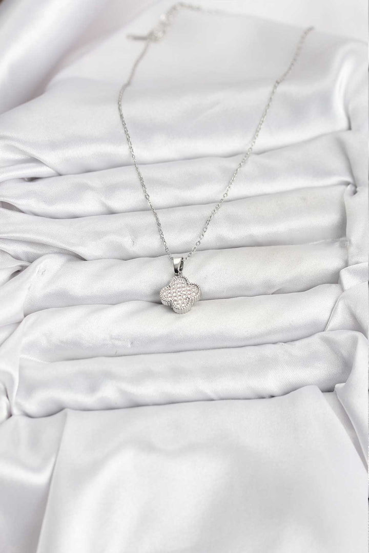 EBJ 316L Stainless Steel Chain Silver Color Clover Model Women's Necklace with Zircon Stone - Polatsk