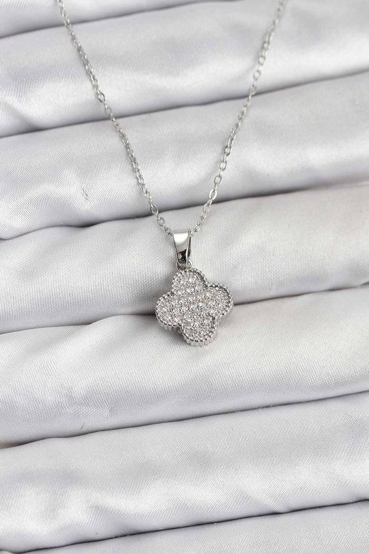 EBJ 316L Stainless Steel Chain Silver Color Clover Model Women's Necklace with Zircon Stone - Polatsk