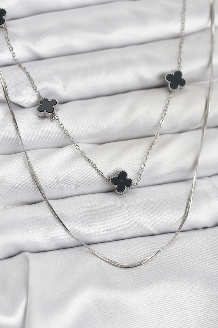 EBJ 316L Çelik Zincir Gümüş Renk İtalyan Zincirli Siyah Yonca Model Kadın Kolye - Bagneux