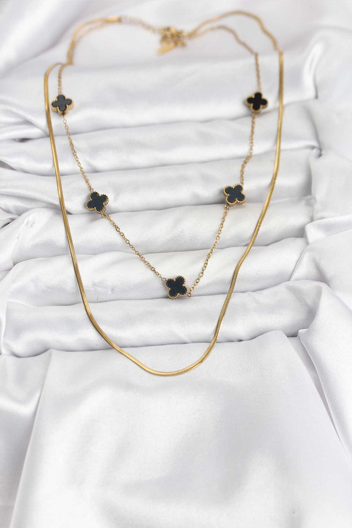 EBJ 316L Çelik Zincir Gold Renk İtalyan Zincirli Siyah Yonca Model Kadın Kolye - Medicine Hat