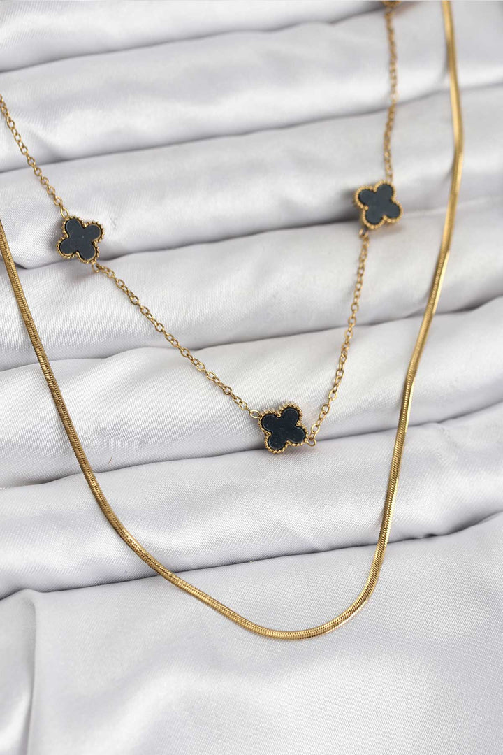 EBJ 316L Çelik Zincir Gold Renk İtalyan Zincirli Siyah Yonca Model Kadın Kolye - Medicine Hat