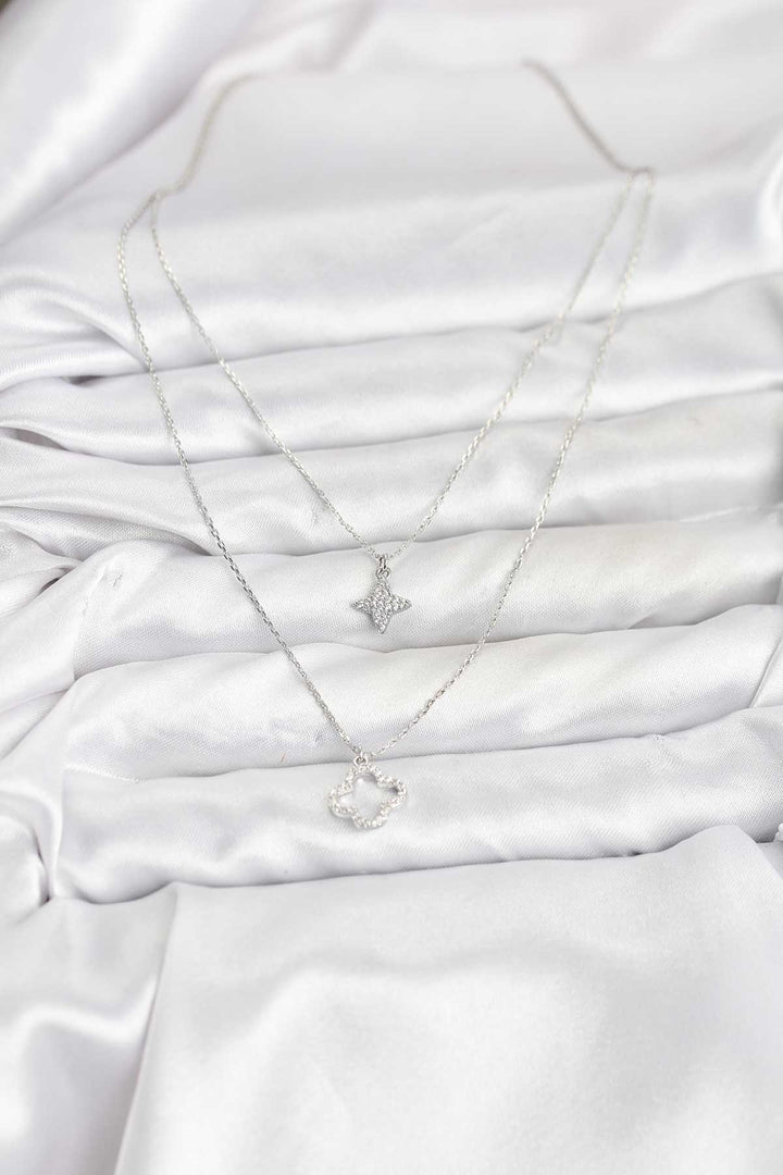 EBJ Pirinç Gümüş Renk Yonca Model 2'li Kadın Kolye - Chimalhuacán