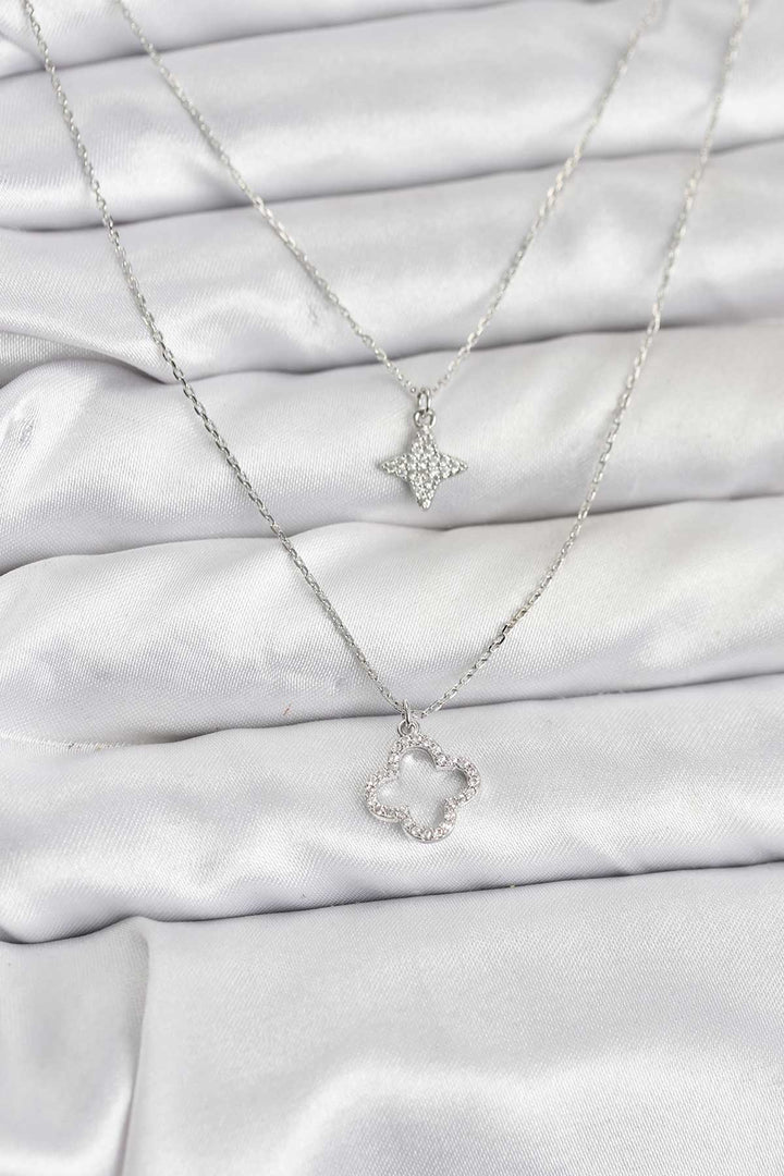 EBJ Pirinç Gümüş Renk Yonca Model 2'li Kadın Kolye - Chimalhuacán