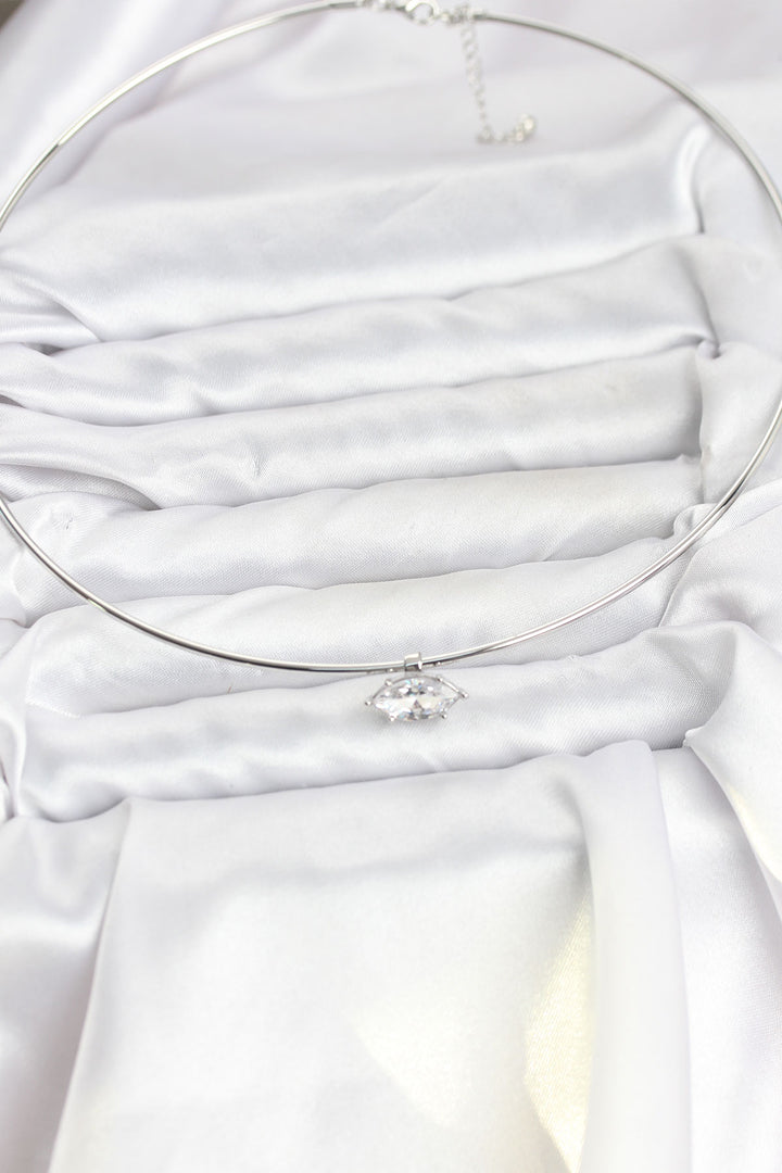 EBJ Pirinç Gümüş Renk Choker Model Zirkon Taşlı Kadın Kolye - Taunton