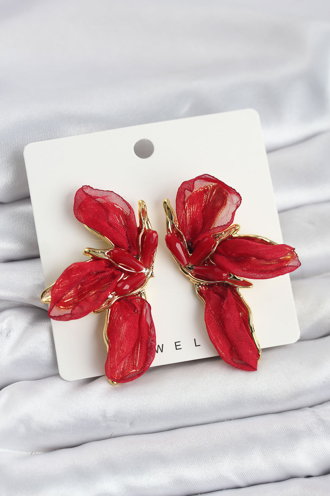 EBJ Lotus Model Red Color Tulle Women's Earrings - Morley