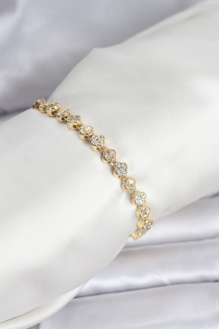 EBJ Rice Gold Color VIP Series Sequential Clover Model Zircon Stone Women's Bracelet - Lower Merion