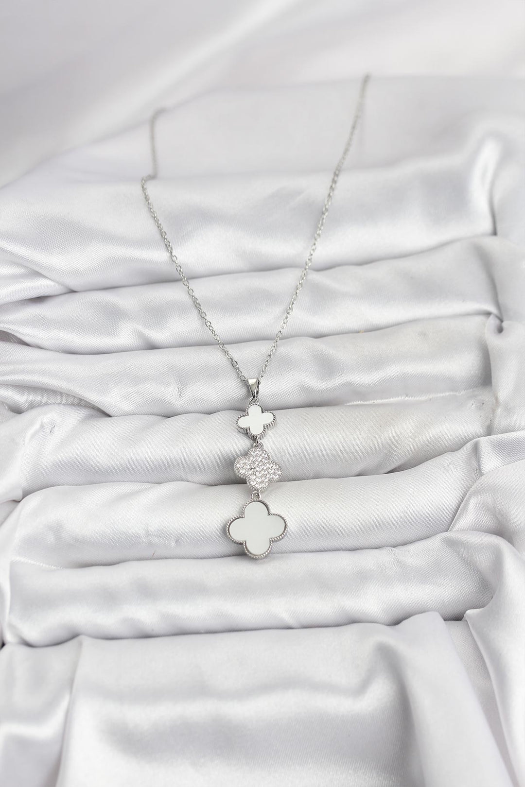 EBJ 316L Stainless Steel Chain Silver Color Clover Detailed Zircon Stone Women's Necklace - Klaipėda