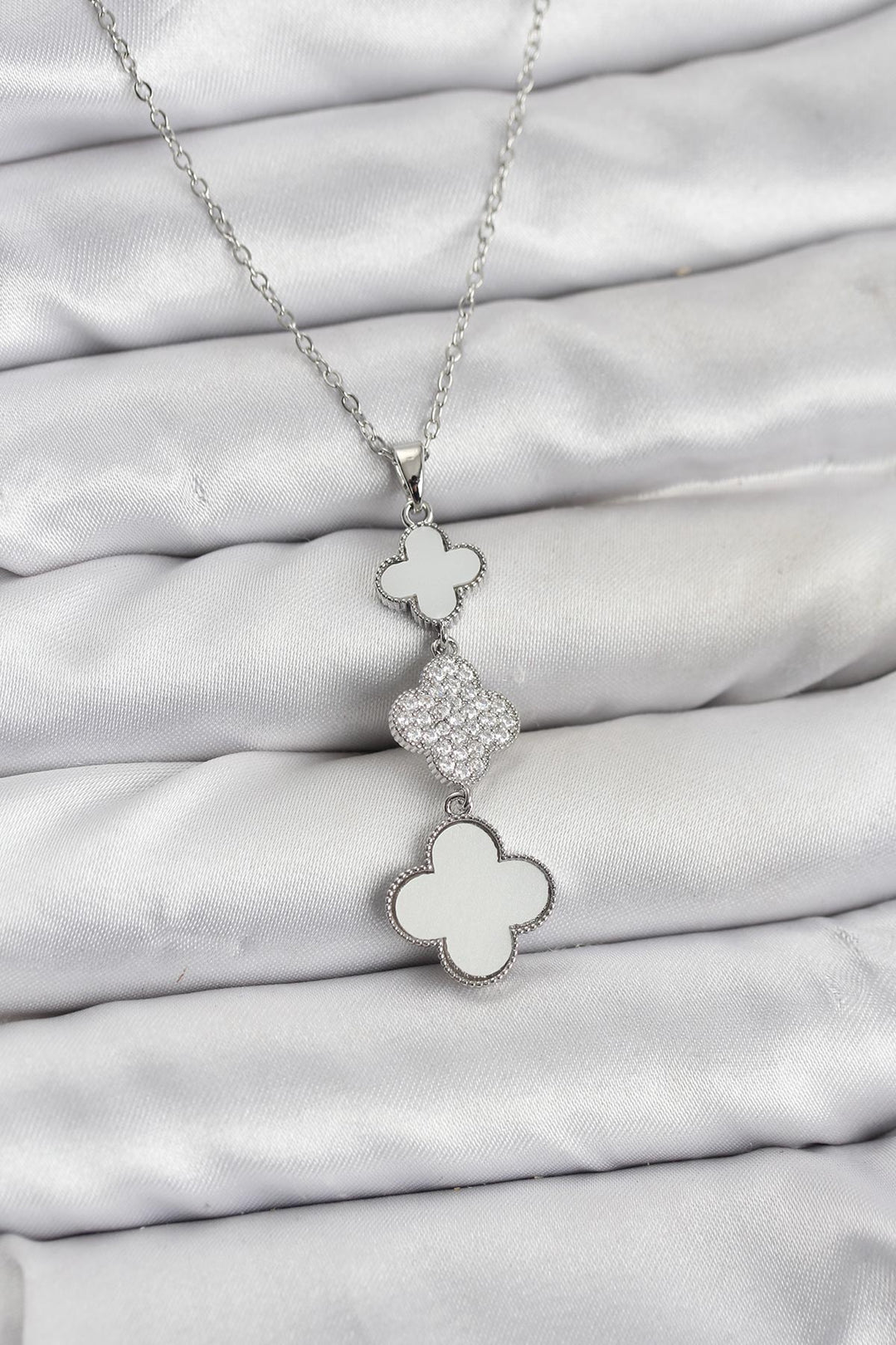EBJ 316L Stainless Steel Chain Silver Color Clover Detailed Zircon Stone Women's Necklace - Klaipėda