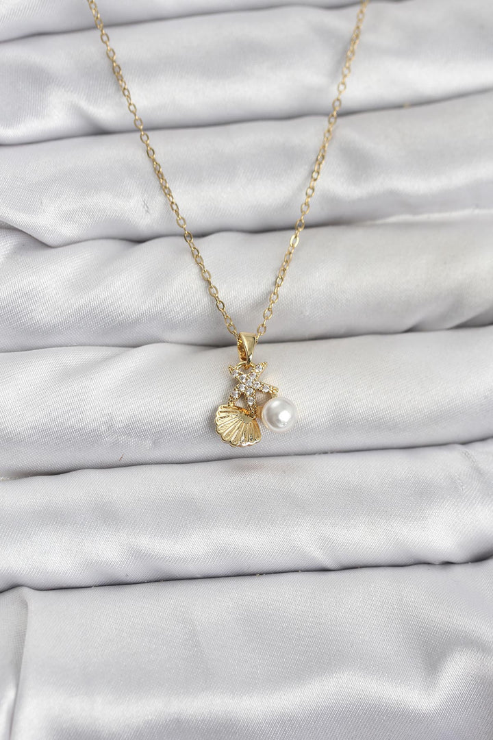 EBJ 316L Steel Chain Gold Color Seashell and Starfish Model Zircon Stone Women's Necklace - Hartlepool