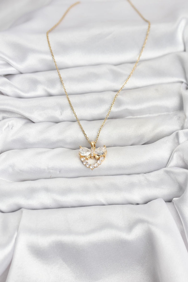 EBJ 316L Steel Chain Gold Color Heart and Bow Model Zircon Stone Women's Necklace - Bergamo