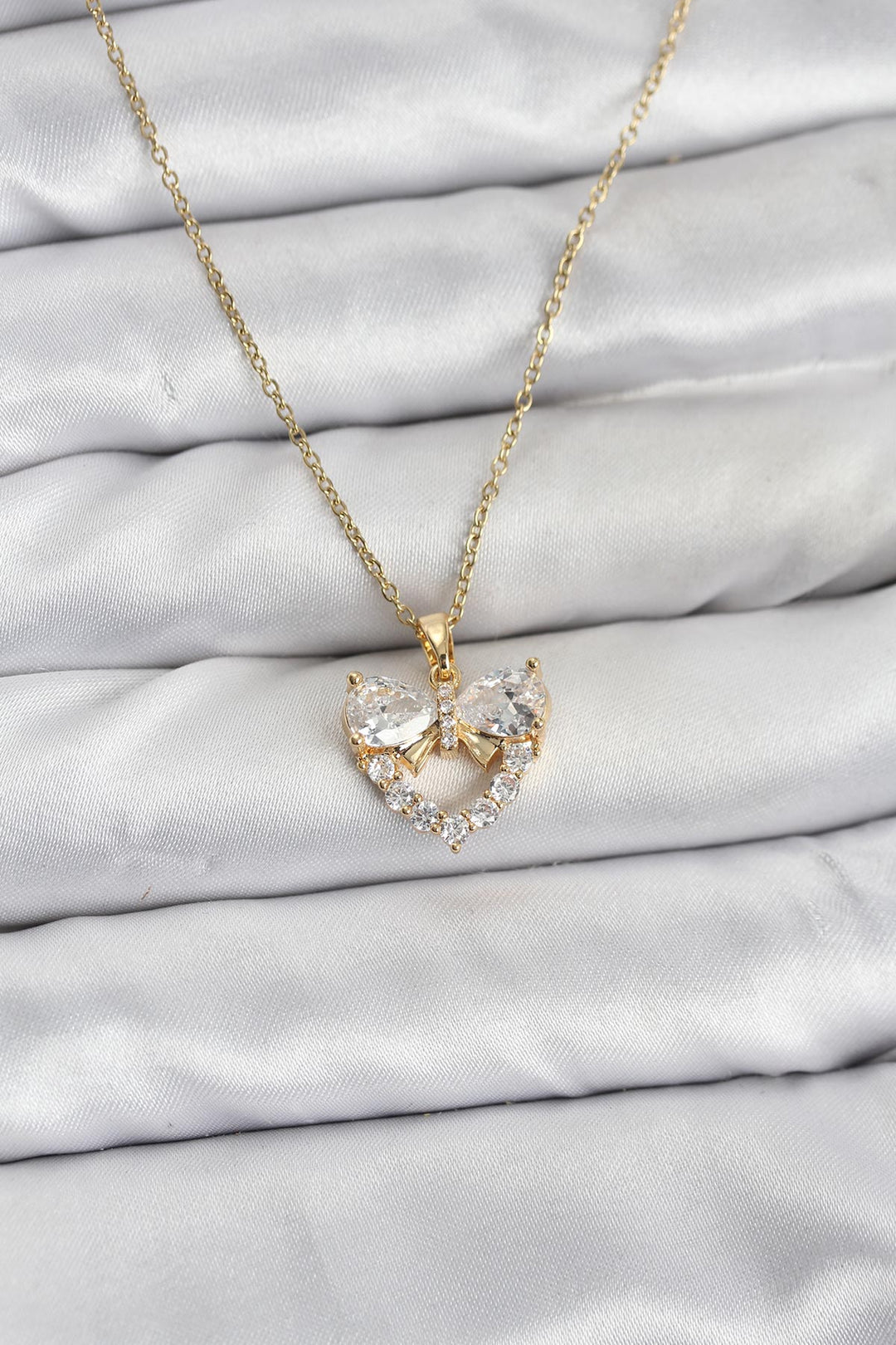 EBJ 316L Steel Chain Gold Color Heart and Bow Model Zircon Stone Women's Necklace - Bergamo