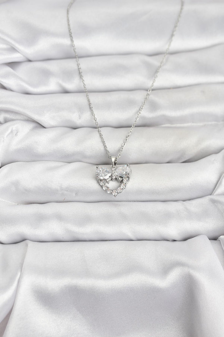 EBJ 316L Stainless Steel Chain Silver Color Heart and Bow Model Zircon Stone Women's Necklace - Saint-Brieuc