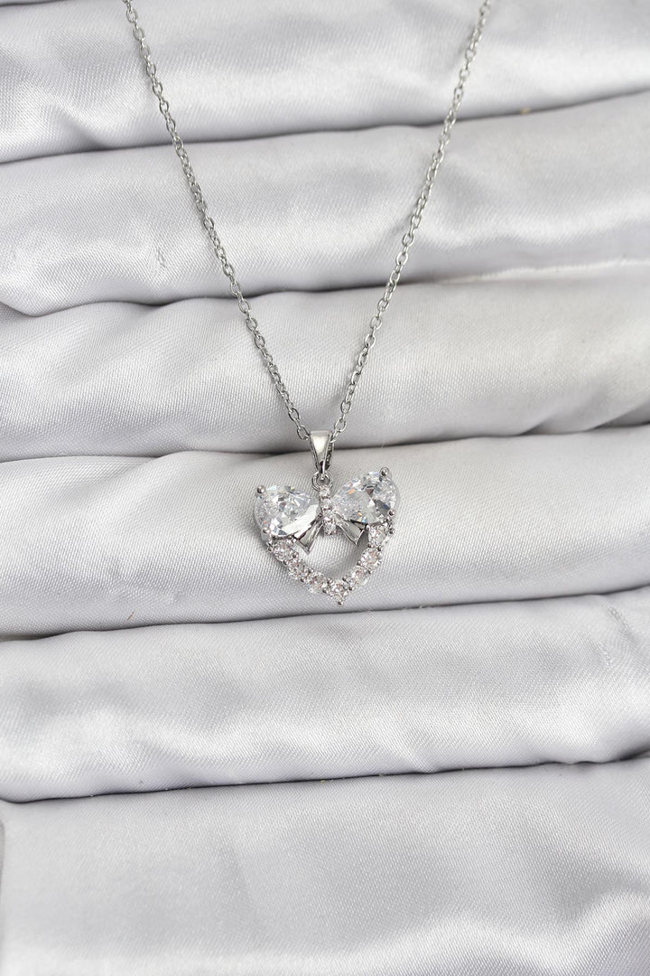 EBJ 316L Stainless Steel Chain Silver Color Heart and Bow Model Zircon Stone Women's Necklace - Los Mochis