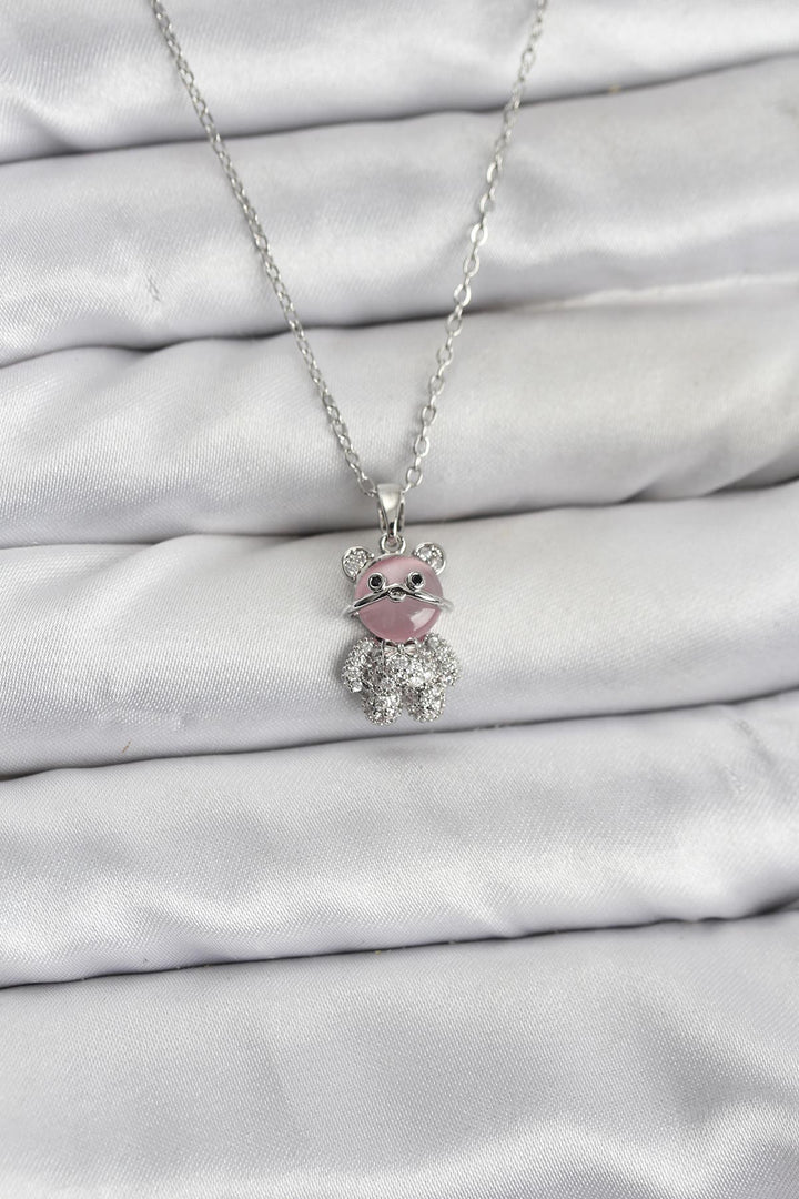 EBJ 316L Çelik Zincir Gümüş Renk Teddy Bear Model Zirkon Taşlı Kadın Kolye - Plano