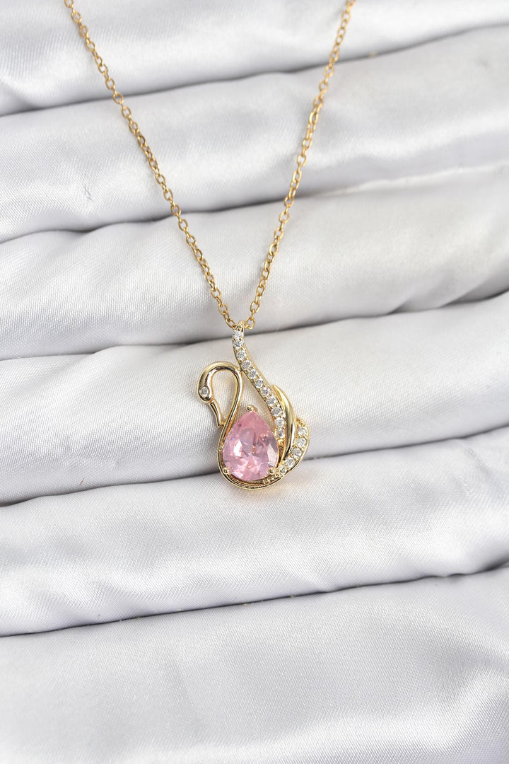 EBJ 316L Çelik Zincir Gold Renk Pembe Kuğu Model Zirkon Taşlı Kadın Kolye - Stretford