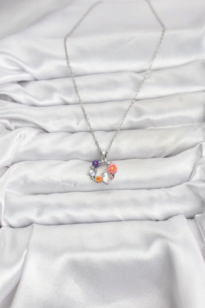 EBJ 316L Steel Chain Silver Color Flower Cat Model Women's Necklace - White Plains