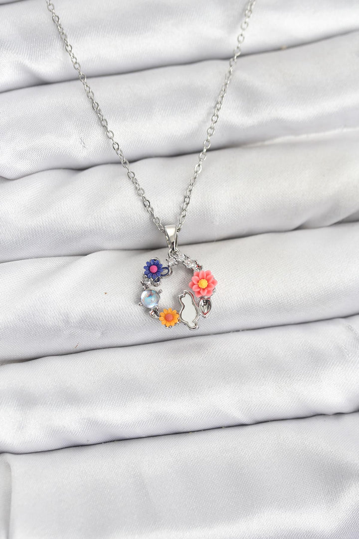 EBJ 316L Steel Chain Silver Color Flower Cat Model Women's Necklace - White Plains