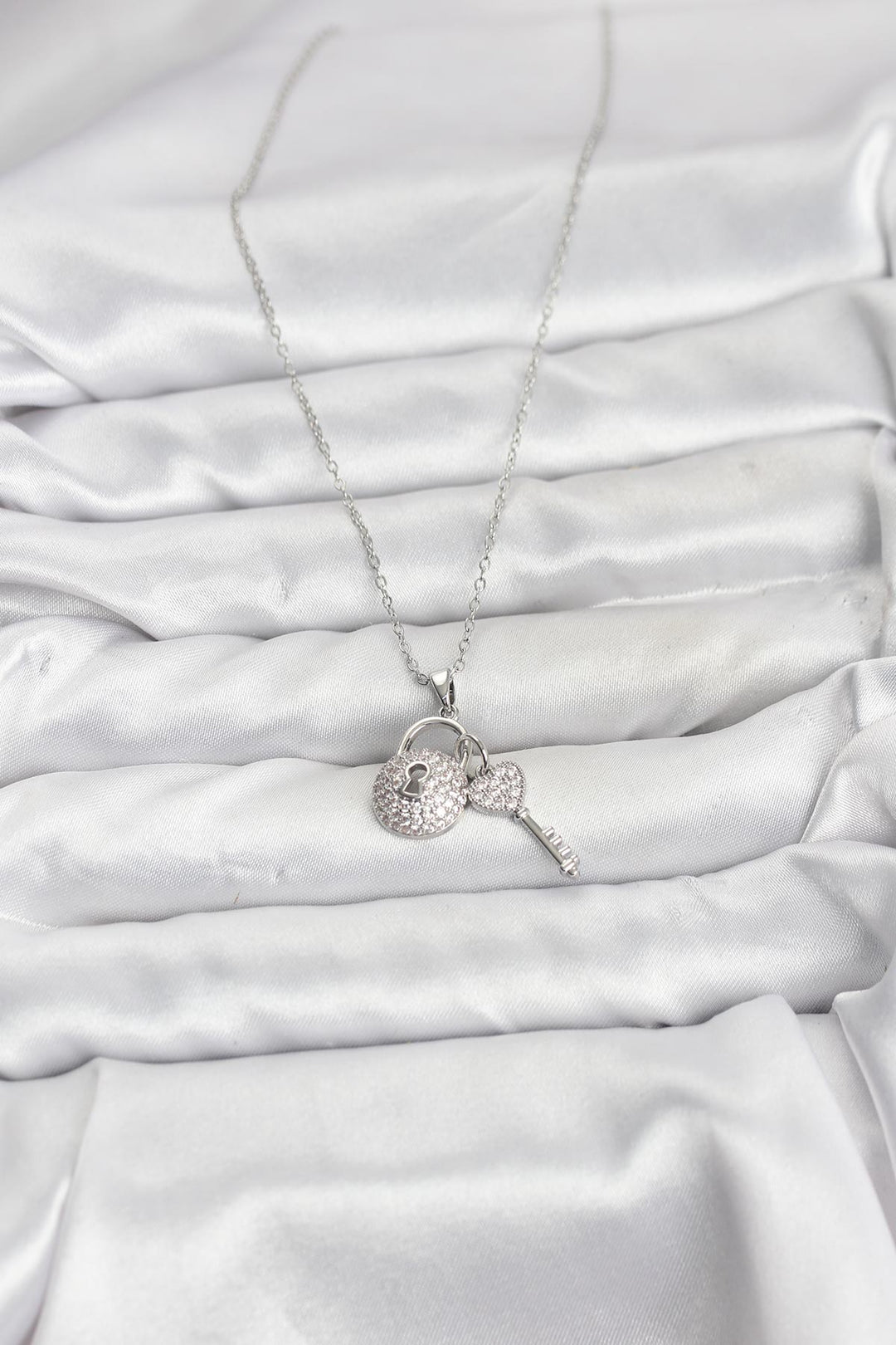 EBJ 316L Stainless Steel Chain Silver Color Lock Key Model Zircon Stone Women's Necklace - Agrigento
