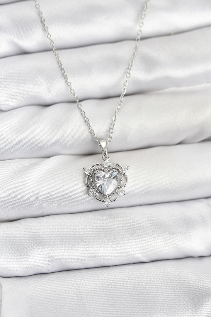 EBJ 316L Stainless Steel Chain Silver Color Heart Model Necklace with Zircon Stone for Women - Ocotlán