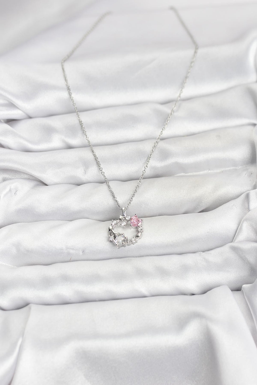 EBJ 316L Stainless Steel Chain Silver Color Pink Stone Detailed Wreath Model Women's Necklace - North Little Rock