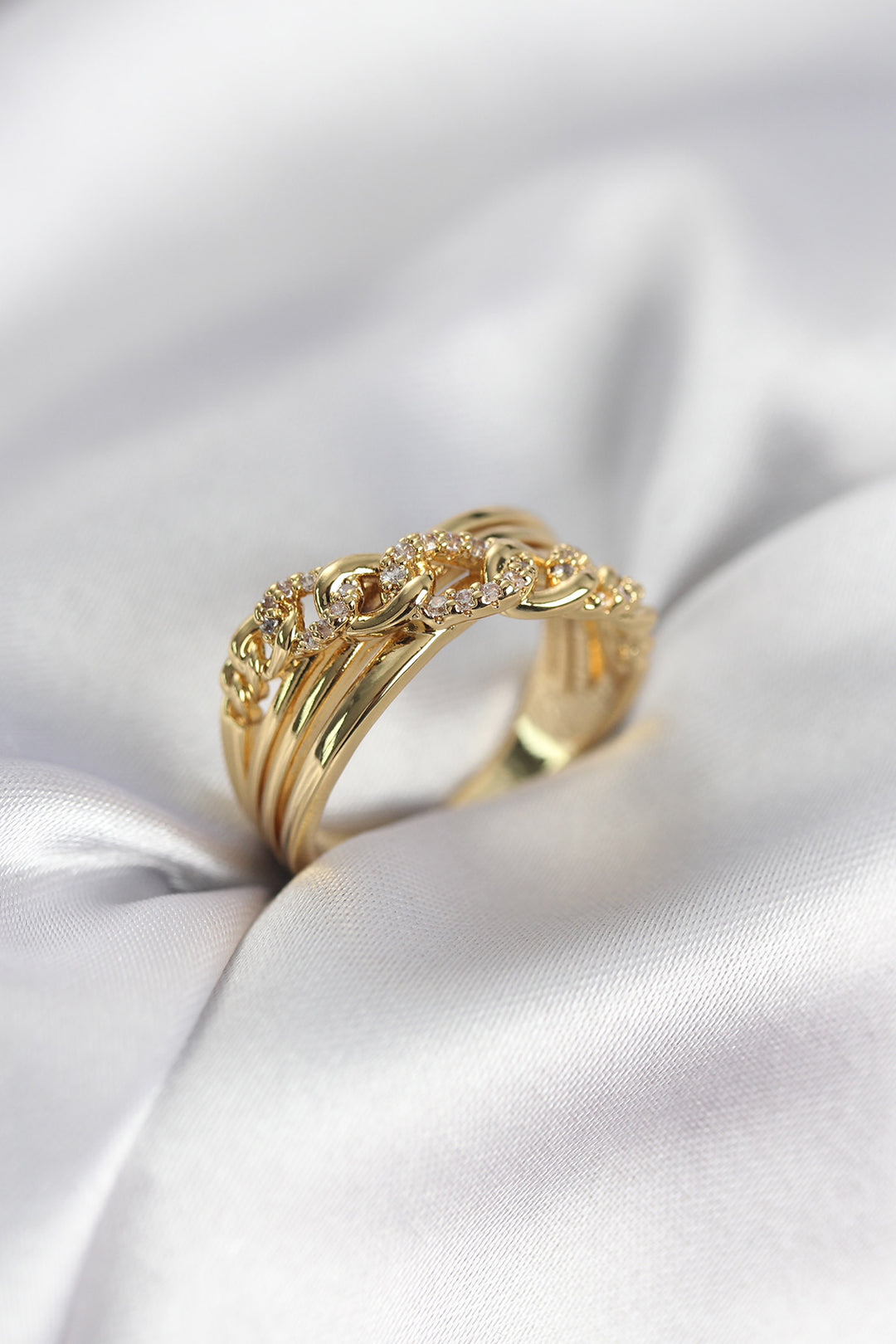 EBJ Gold Renk Zirkon Taşlı Zincir Model Kadın Yüzük - Oak Creek