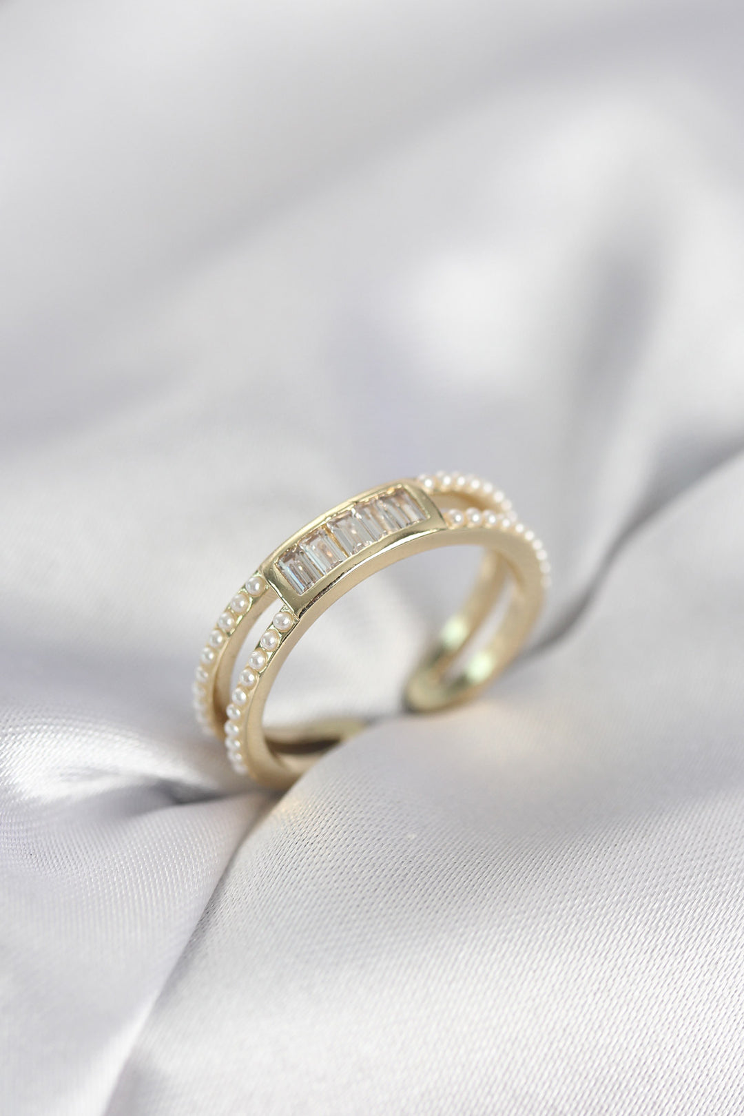 EBJ Baget Zirkon Taşlı Gold Renk İncili Kadın Yüzük - Kensington