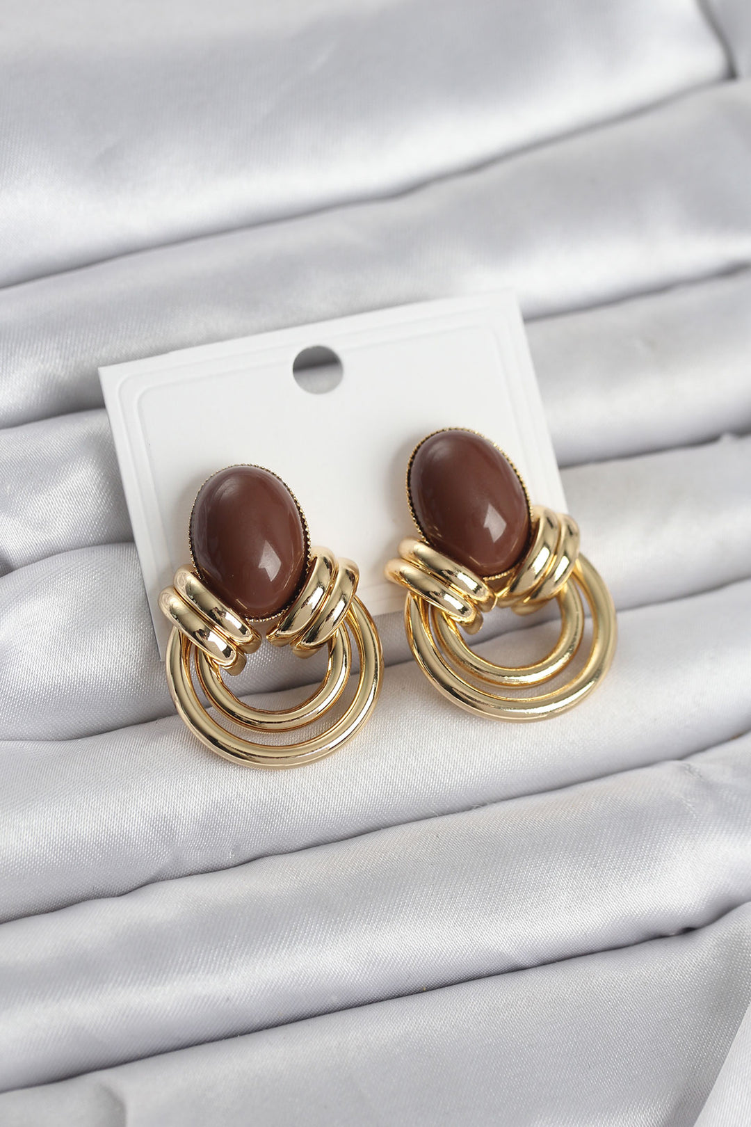EBJ Pirinç Gold Renk Kahverengi Taşlı Vintage Kadın Küpe - Sunnyvale