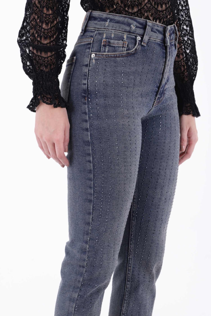 XLJ Fringe Ending High Waisted Mom Fit Jean with Rhinestones Mixed - Washington