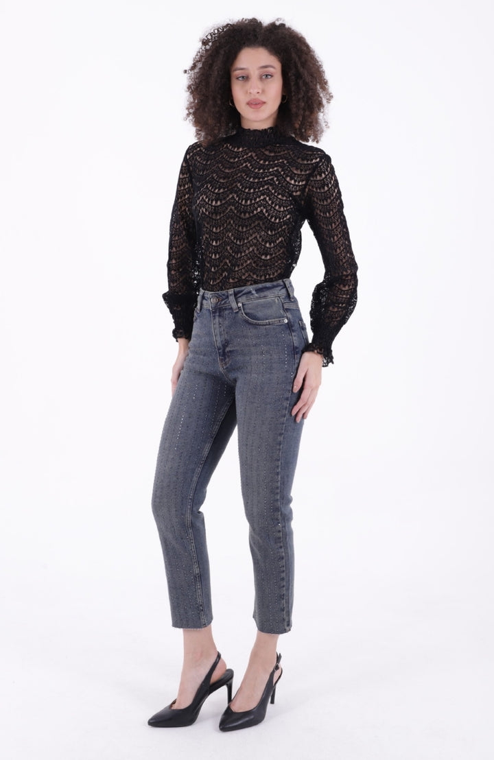 XLJ Fringe Ending High Waisted Mom Fit Jean with Rhinestones Mixed - Washington