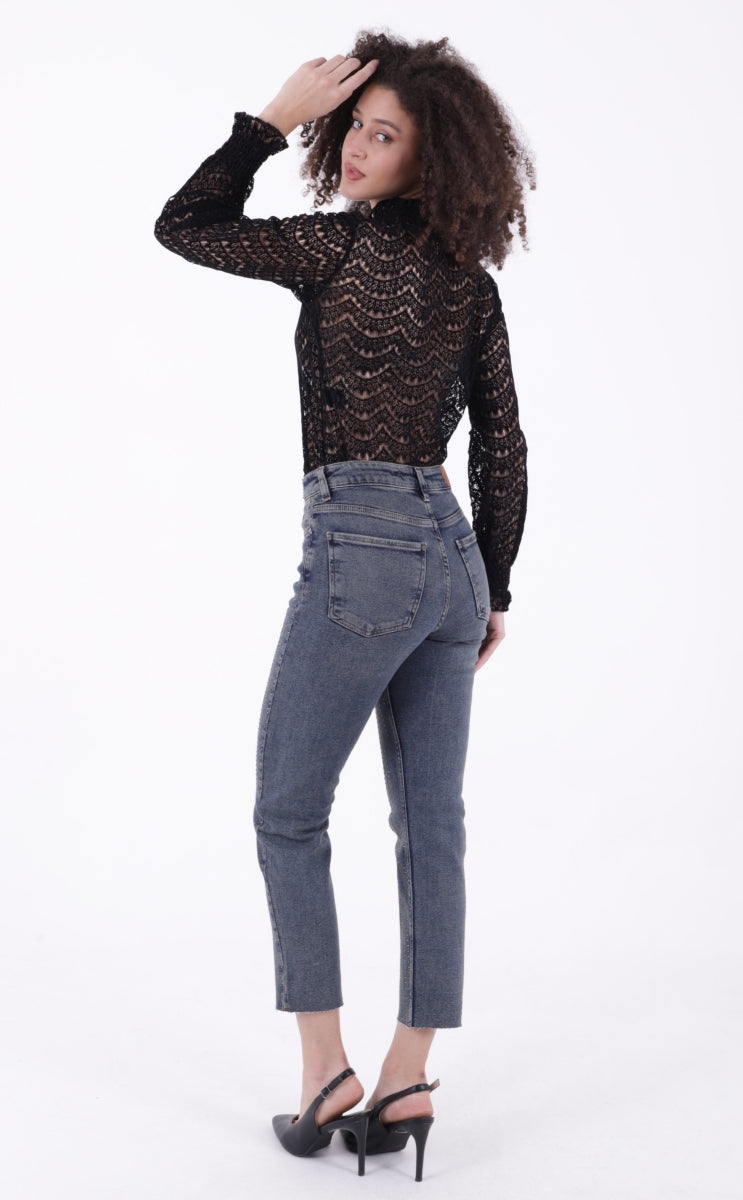XLJ Fringe Ending High Waisted Mom Fit Jean with Rhinestones Mixed - Washington