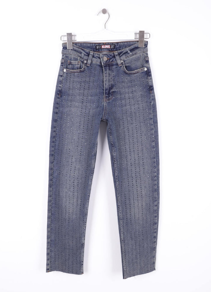 XLJ Fringe Ending High Waisted Mom Fit Jean with Rhinestones Mixed - Washington