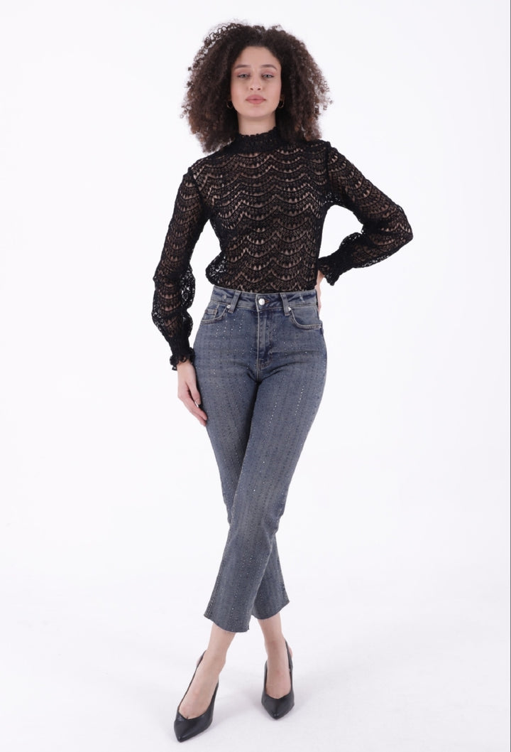 XLJ Fringe Ending High Waisted Mom Fit Jean with Rhinestones Mixed - Washington