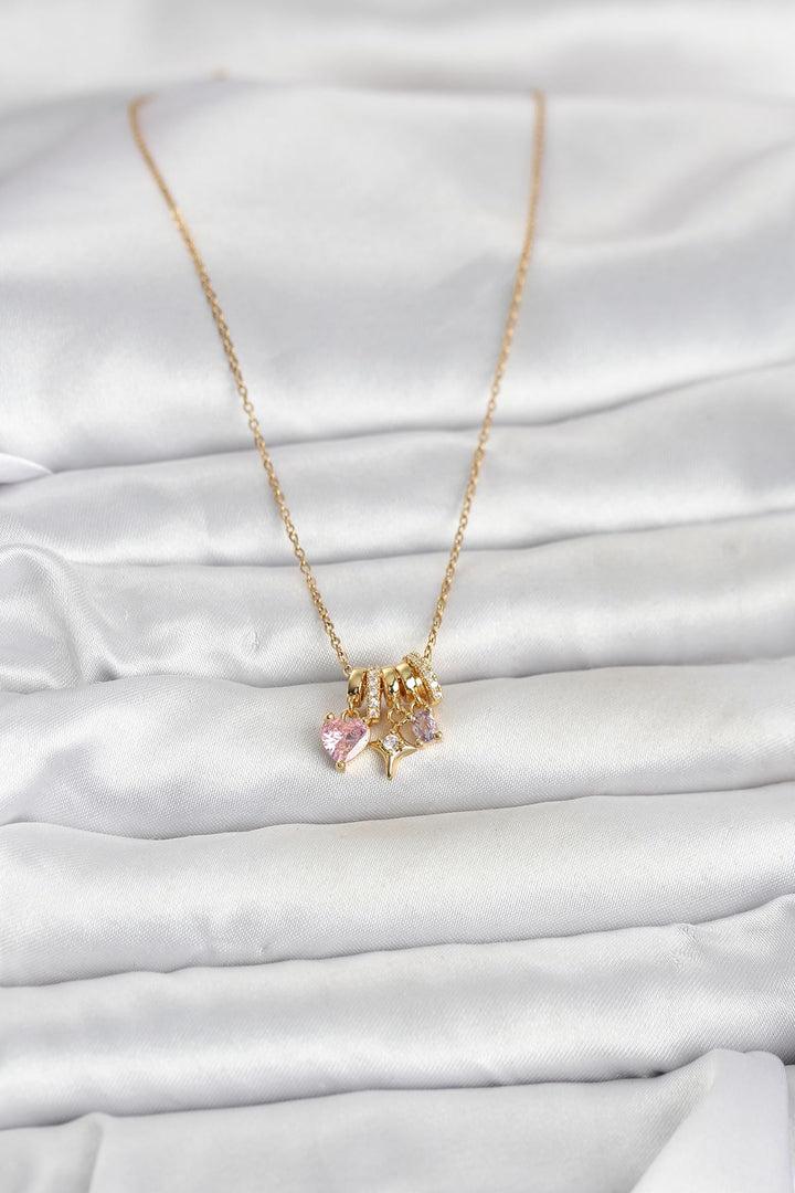 EBJ 316L Çelik Gold Pembe Zirkon Taşlı Charmlı Kadın Kolye - Novara