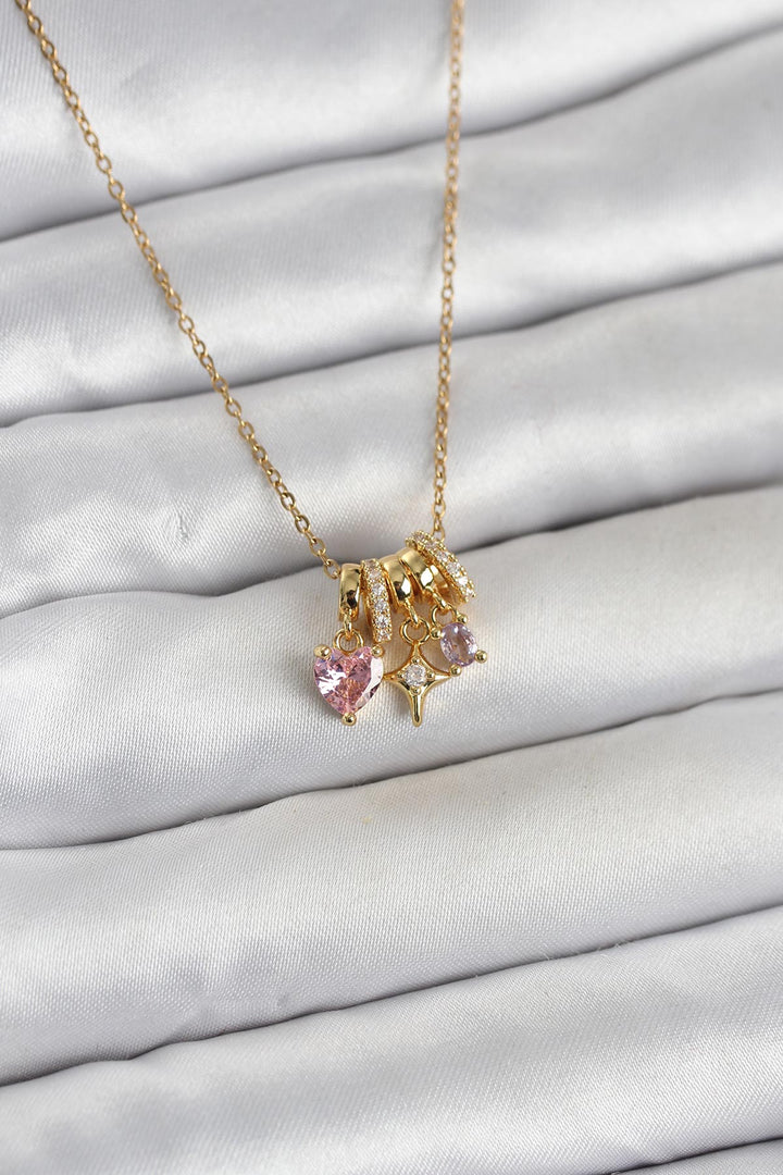 EBJ 316L Çelik Gold Pembe Zirkon Taşlı Charmlı Kadın Kolye - Novara
