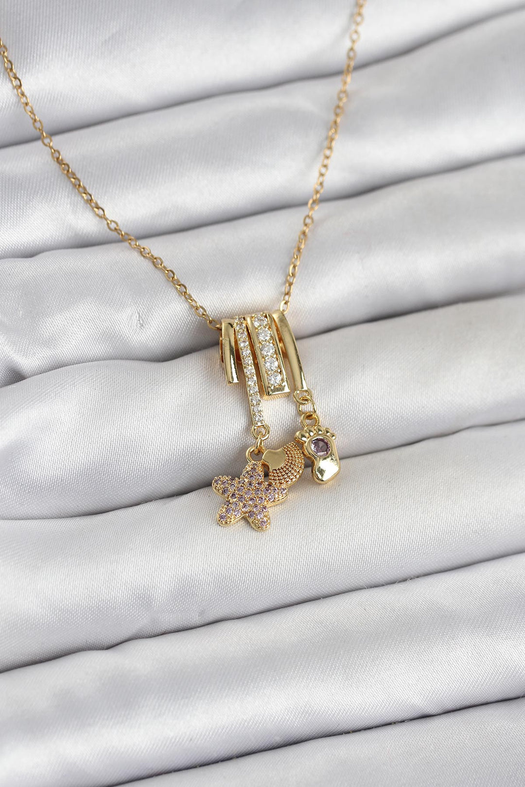 EBJ 316L Çelik Gold Zirkon Taşlı Deniz Tema Charmlı Kadın Kolye - Santa María Texmelucan